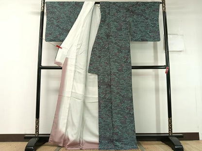 平和屋着物●人間国宝・南部芳松の息子 伝統工芸伝承者彫刻・南部幸雄　型染　小紋　風景花文　鬼しぼ縮緬　正絹　逸品　CABC9770vp