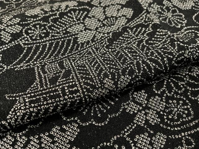 平和屋着物●上質な小紋　流水風景花松文　黒地　鬼しぼ縮緬　正絹　逸品　CABC9771vp