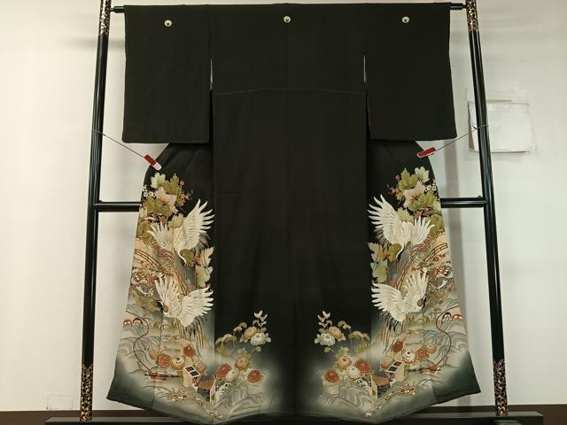 平和屋着物●アンティーク　大正ロマン　黒留袖　刺繍　立波飛鶴吉祥花文　暈し染め　金彩　正絹　逸品　CABC9807vp