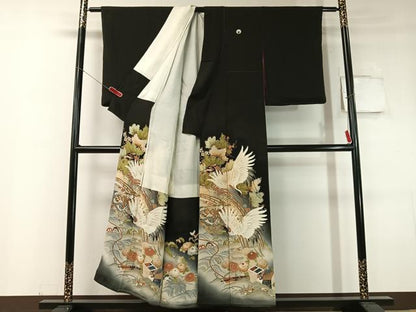 平和屋着物●アンティーク　大正ロマン　黒留袖　刺繍　立波飛鶴吉祥花文　暈し染め　金彩　正絹　逸品　CABC9807vp