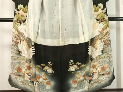 平和屋着物●アンティーク　大正ロマン　黒留袖　刺繍　立波飛鶴吉祥花文　暈し染め　金彩　正絹　逸品　CABC9807vp