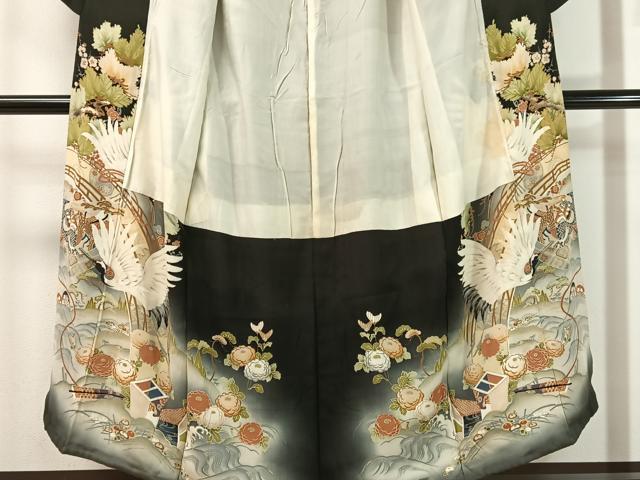 平和屋着物●アンティーク　大正ロマン　黒留袖　刺繍　立波飛鶴吉祥花文　暈し染め　金彩　正絹　逸品　CABC9807vp