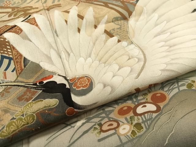 平和屋着物●アンティーク　大正ロマン　黒留袖　刺繍　立波飛鶴吉祥花文　暈し染め　金彩　正絹　逸品　CABC9807vp