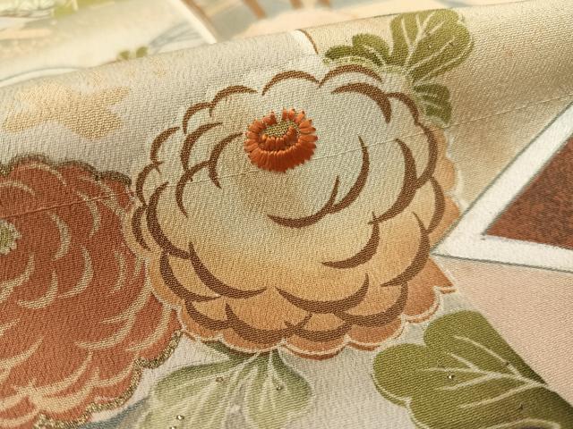 平和屋着物●アンティーク　大正ロマン　黒留袖　刺繍　立波飛鶴吉祥花文　暈し染め　金彩　正絹　逸品　CABC9807vp