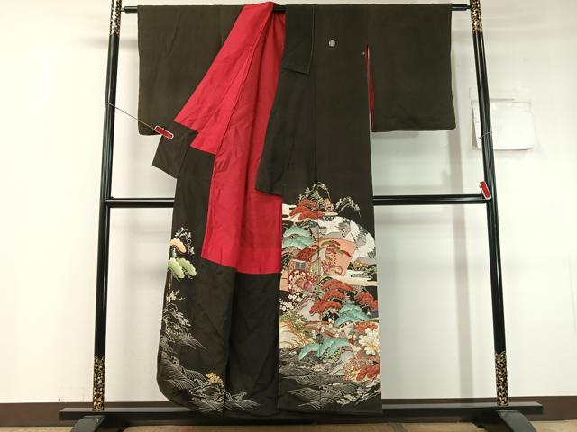 平和屋着物●アンティーク　大正ロマン　黒留袖　駒刺繍　地紙御所車飛鶴花松文　金彩　正絹　逸品　CABC9808vp