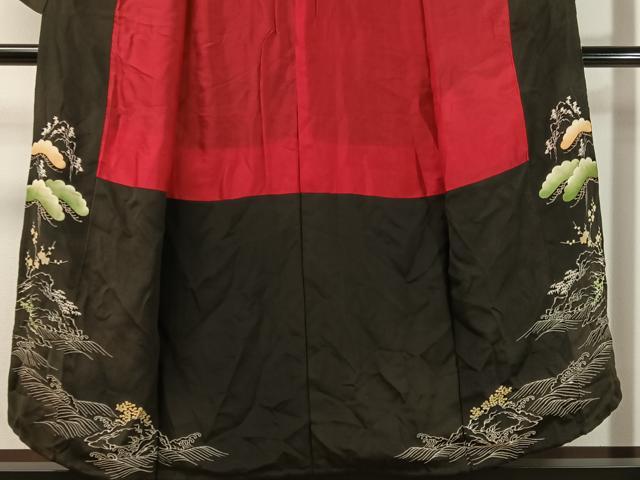平和屋着物●アンティーク　大正ロマン　黒留袖　駒刺繍　地紙御所車飛鶴花松文　金彩　正絹　逸品　CABC9808vp