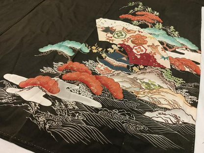 平和屋着物●アンティーク　大正ロマン　黒留袖　駒刺繍　地紙御所車飛鶴花松文　金彩　正絹　逸品　CABC9808vp