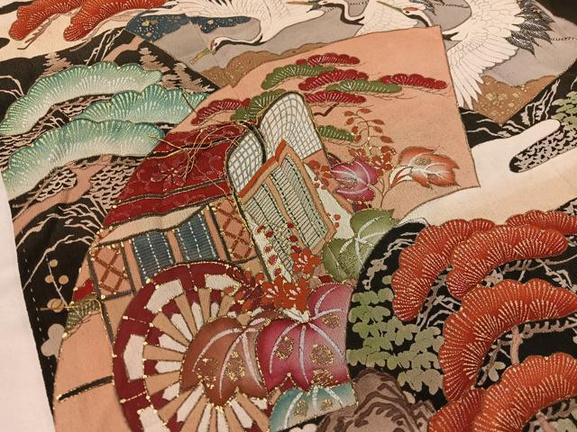 平和屋着物●アンティーク　大正ロマン　黒留袖　駒刺繍　地紙御所車飛鶴花松文　金彩　正絹　逸品　CABC9808vp