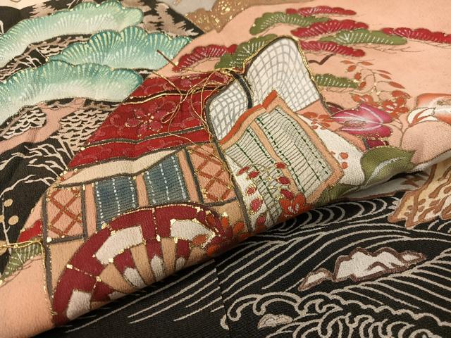 平和屋着物●アンティーク　大正ロマン　黒留袖　駒刺繍　地紙御所車飛鶴花松文　金彩　正絹　逸品　CABC9808vp