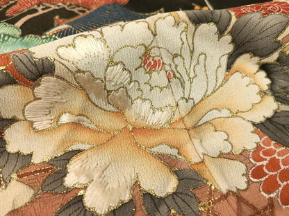 平和屋着物●アンティーク　大正ロマン　黒留袖　駒刺繍　地紙御所車飛鶴花松文　金彩　正絹　逸品　CABC9808vp