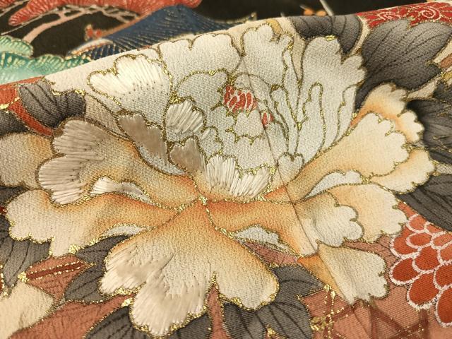平和屋着物●アンティーク　大正ロマン　黒留袖　駒刺繍　地紙御所車飛鶴花松文　金彩　正絹　逸品　CABC9808vp