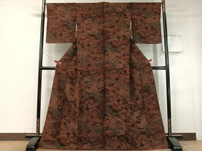平和屋着物●上質な小紋　風景花松文　金彩　鬼しぼ縮緬　ロング丈　正絹　逸品　未使用　CABC9823vp