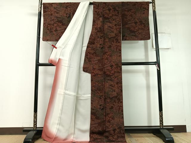 平和屋着物●上質な小紋　風景花松文　金彩　鬼しぼ縮緬　ロング丈　正絹　逸品　未使用　CABC9823vp