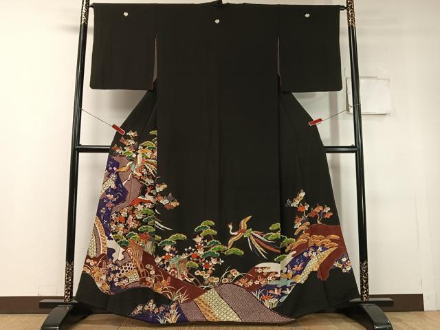 平和屋着物●アンティーク　大正ロマン　黒留袖　刺繍　御所車鳳凰花松文　金彩　正絹　逸品　CABC9840vp