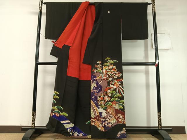 平和屋着物●アンティーク　大正ロマン　黒留袖　刺繍　御所車鳳凰花松文　金彩　正絹　逸品　CABC9840vp
