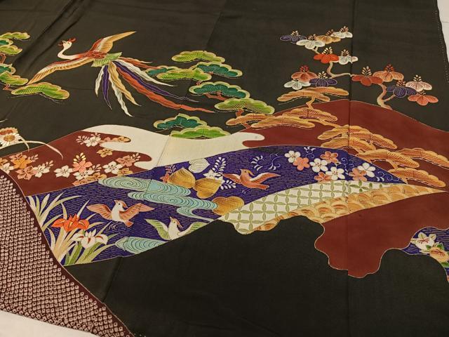 平和屋着物●アンティーク　大正ロマン　黒留袖　刺繍　御所車鳳凰花松文　金彩　正絹　逸品　CABC9840vp