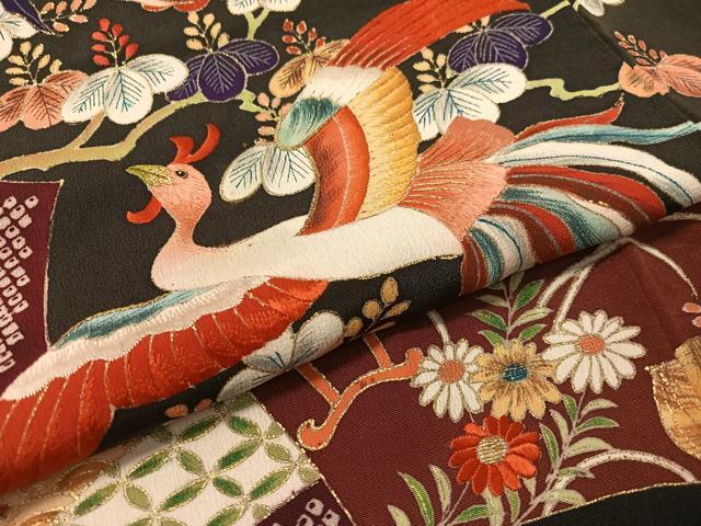 平和屋着物●アンティーク　大正ロマン　黒留袖　刺繍　御所車鳳凰花松文　金彩　正絹　逸品　CABC9840vp