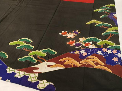 平和屋着物●アンティーク　大正ロマン　黒留袖　刺繍　御所車鳳凰花松文　金彩　正絹　逸品　CABC9840vp