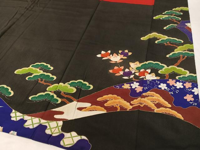 平和屋着物●アンティーク　大正ロマン　黒留袖　刺繍　御所車鳳凰花松文　金彩　正絹　逸品　CABC9840vp