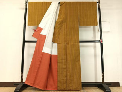 平和屋着物●黄八丈　紬　格子柄　正絹　逸品　未使用　CABC9843vp