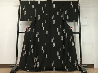 平和屋着物●上質な小紋　短冊花文　黒地　正絹　逸品　未使用　CABC9845vp