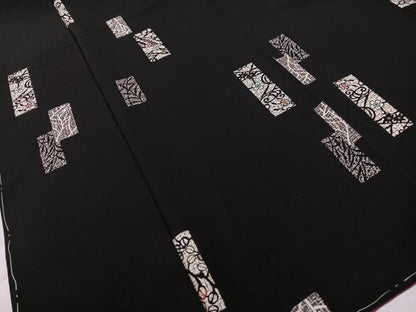 平和屋着物●上質な小紋　短冊花文　黒地　正絹　逸品　未使用　CABC9845vp