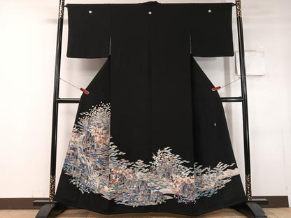 平和屋着物●本加賀友禅作家　杉浦伸　黒留袖　立波草花文　正絹　逸品　CABC9846vp