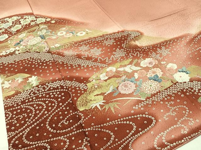 平和屋着物●訪問着　流水鹿の子花鳥文　暈し染め　金彩　正絹　逸品　CABC9850vp