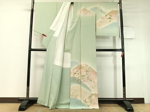 平和屋着物●訪問着　駒刺繍　重ね山花文　暈し染め　金彩　正絹　逸品　CABC9858vp