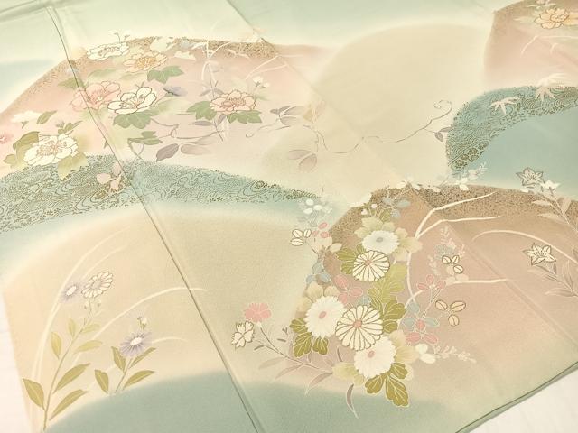 平和屋着物●訪問着　駒刺繍　重ね山花文　暈し染め　金彩　正絹　逸品　CABC9858vp
