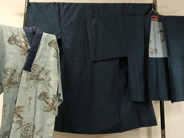 平和屋着物●男性　紬　アンサンブル　長襦袢セット　濃藍色　やまと誂製　正絹　逸品　CABC9873vp