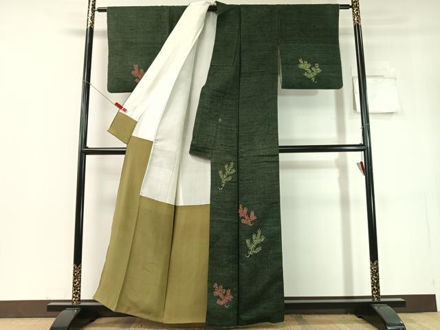 平和屋着物●訪問着　紬地　若松葉　正絹　逸品　CABC9898vp