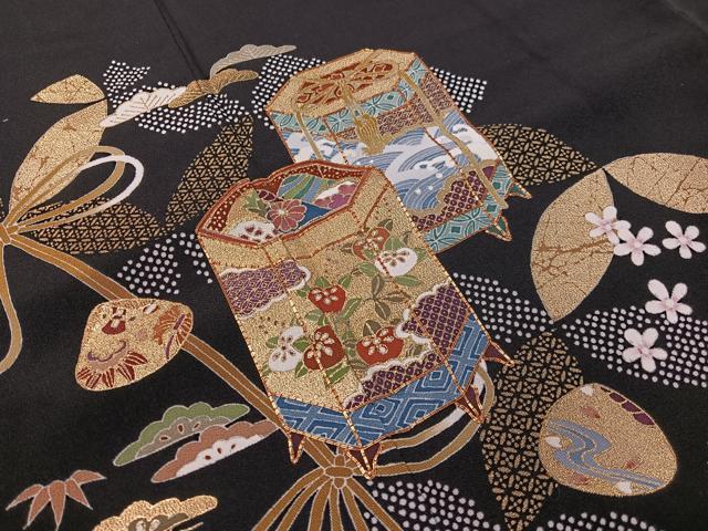 平和屋着物●豪華黒留袖　駒刺繍　貝桶七宝松竹梅　金彩　正絹　逸品　CABC9906vp