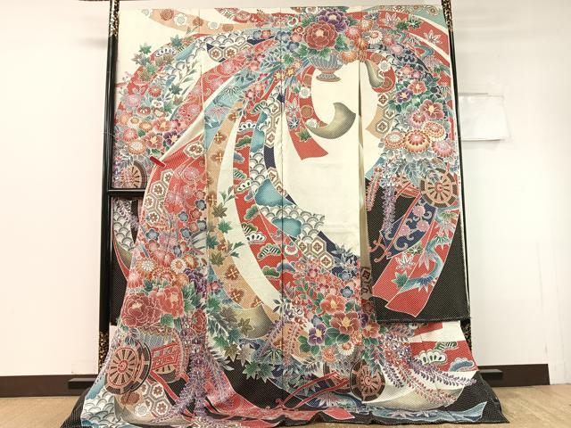 平和屋着物●名門　藤娘きぬたや・総絞り　振袖　束ね熨斗花車文　仮絵羽　逸品　未使用　CABC9913vp