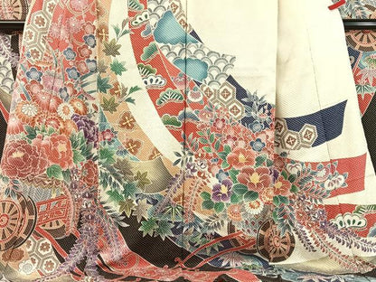平和屋着物●名門　藤娘きぬたや・総絞り　振袖　束ね熨斗花車文　仮絵羽　逸品　未使用　CABC9913vp