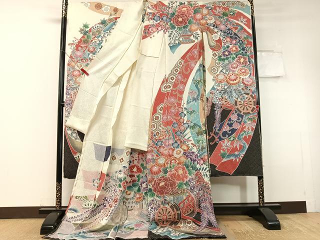 平和屋着物●名門　藤娘きぬたや・総絞り　振袖　束ね熨斗花車文　仮絵羽　逸品　未使用　CABC9913vp
