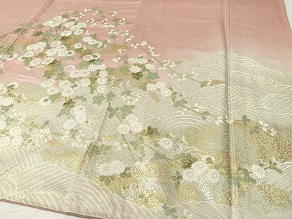 平和屋着物●訪問着　駒刺繍　立波菊花文　暈し染め　金彩　ロング丈　正絹　逸品　CABC9944vp