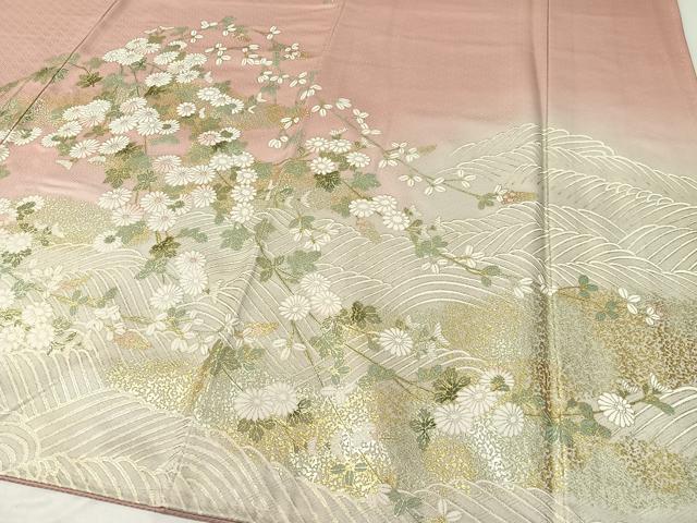 平和屋着物●訪問着　駒刺繍　立波菊花文　暈し染め　金彩　ロング丈　正絹　逸品　CABC9944vp