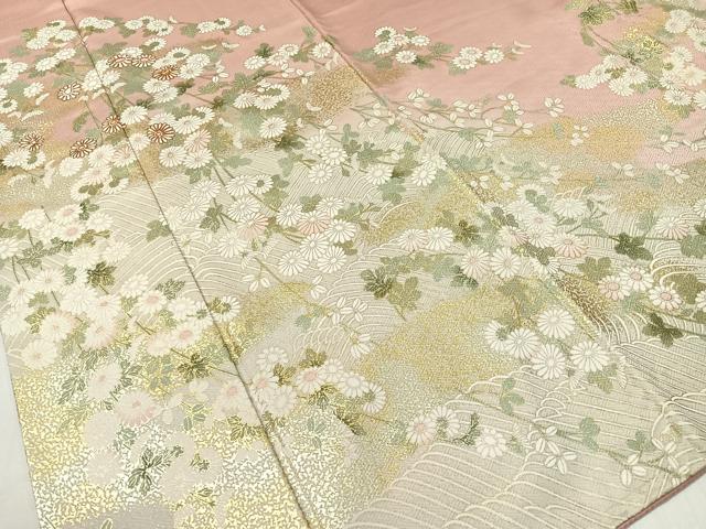 平和屋着物●訪問着　駒刺繍　立波菊花文　暈し染め　金彩　ロング丈　正絹　逸品　CABC9944vp