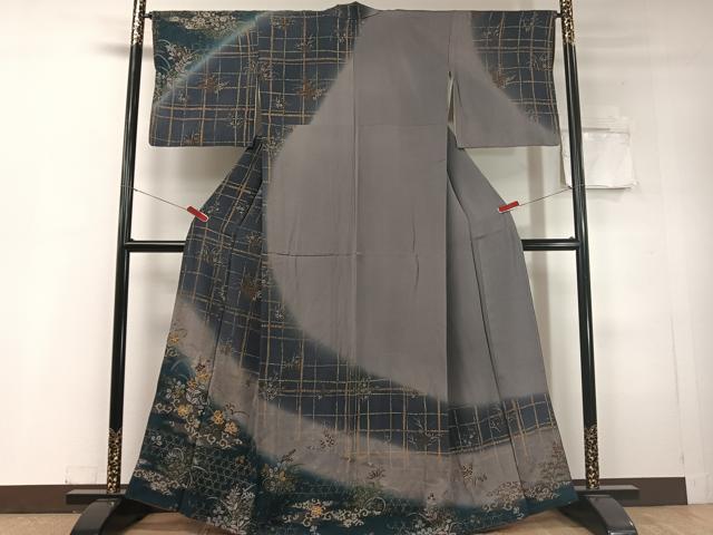 平和屋着物●訪問着　駒刺繍　花唐草格子文　暈し染め　金彩　鬼しぼ縮緬　正絹　逸品　CABC9956vp