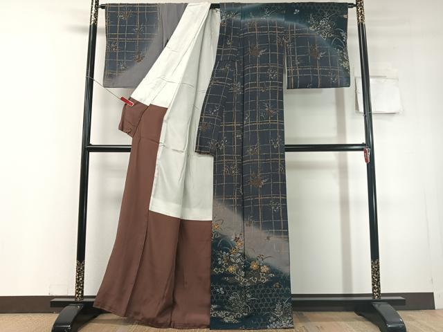 平和屋着物●訪問着　駒刺繍　花唐草格子文　暈し染め　金彩　鬼しぼ縮緬　正絹　逸品　CABC9956vp