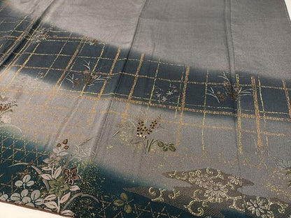 平和屋着物●訪問着　駒刺繍　花唐草格子文　暈し染め　金彩　鬼しぼ縮緬　正絹　逸品　CABC9956vp