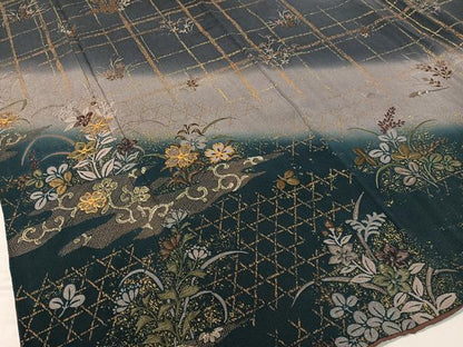 平和屋着物●訪問着　駒刺繍　花唐草格子文　暈し染め　金彩　鬼しぼ縮緬　正絹　逸品　CABC9956vp