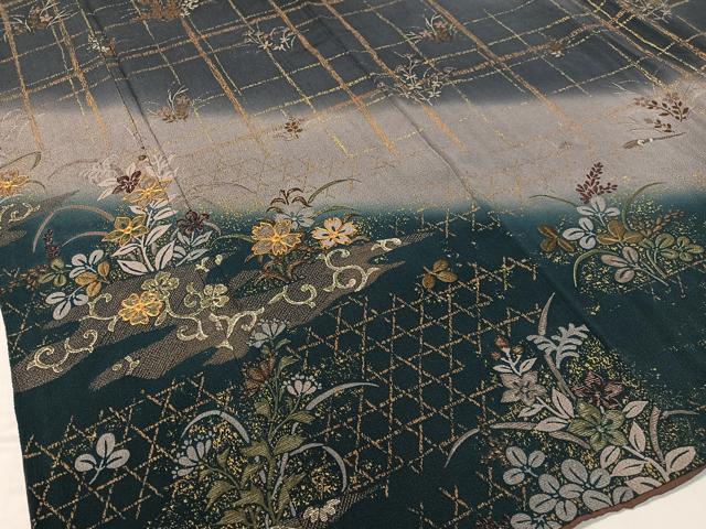 平和屋着物●訪問着　駒刺繍　花唐草格子文　暈し染め　金彩　鬼しぼ縮緬　正絹　逸品　CABC9956vp