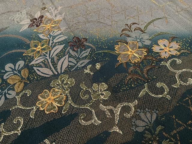 平和屋着物●訪問着　駒刺繍　花唐草格子文　暈し染め　金彩　鬼しぼ縮緬　正絹　逸品　CABC9956vp