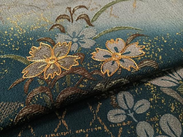 平和屋着物●訪問着　駒刺繍　花唐草格子文　暈し染め　金彩　鬼しぼ縮緬　正絹　逸品　CABC9956vp
