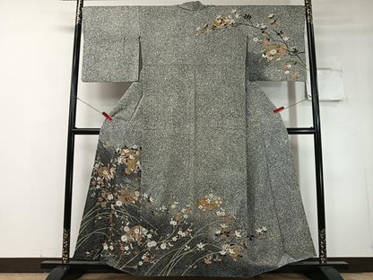 平和屋着物●訪問着　地紙花文　たたき染め　黒地　金彩　正絹　逸品　CABC9967vp