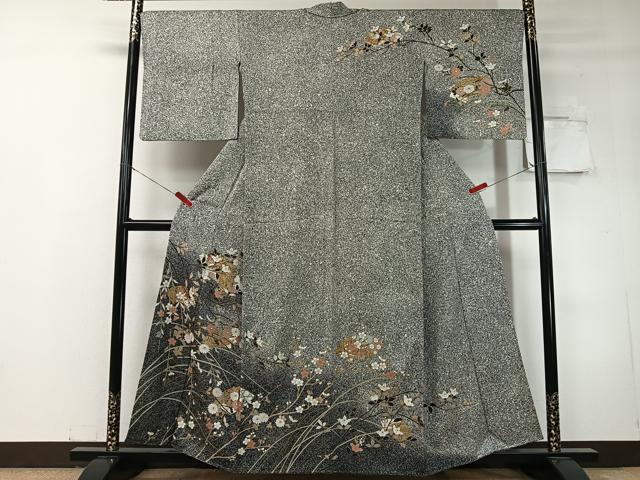 平和屋着物●訪問着　地紙花文　たたき染め　黒地　金彩　正絹　逸品　CABC9967vp