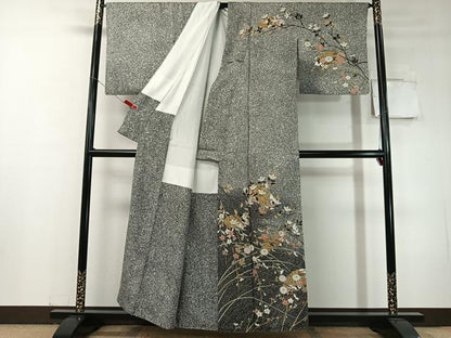 平和屋着物●訪問着　地紙花文　たたき染め　黒地　金彩　正絹　逸品　CABC9967vp