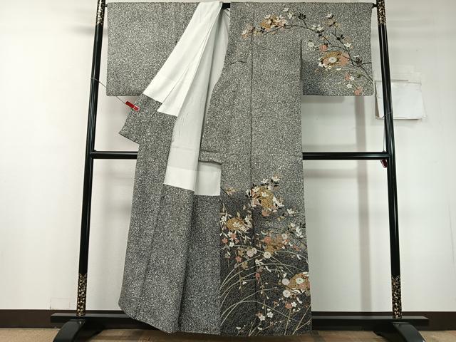 平和屋着物●訪問着　地紙花文　たたき染め　黒地　金彩　正絹　逸品　CABC9967vp